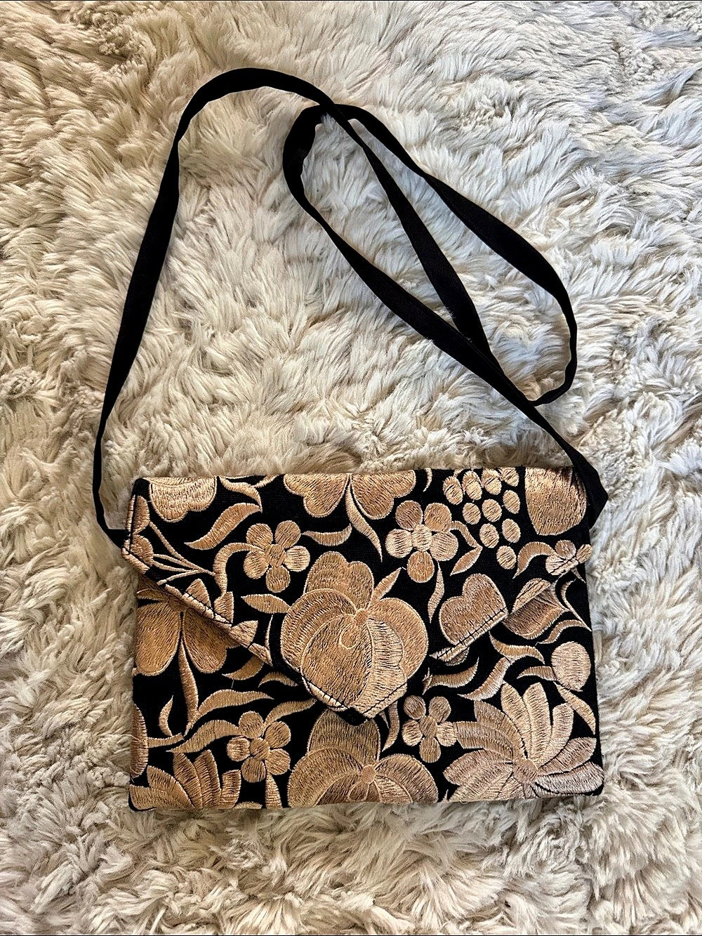 Artisan Mexican Floral Embroidered Crossbody Bag in Black & Gold